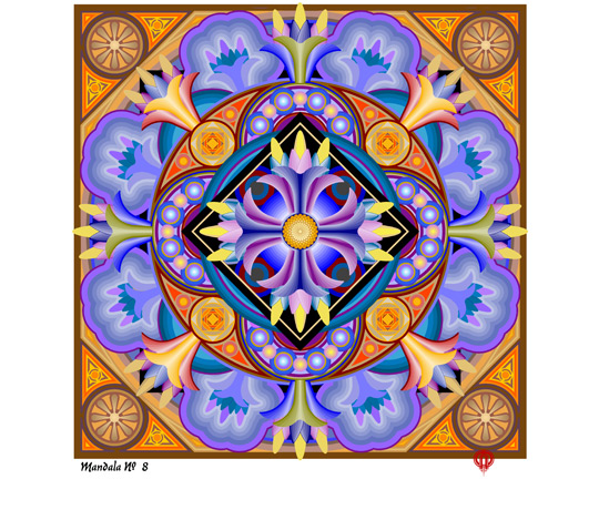 <b>Mandala #8</b><span><br /> Designed by <b><a href='/success-stories/squaring-the-circles-creating-art-in-graphite/'>Al Plyley</a></b> • Created in <a href='/2d-3d-drafting/2d-3d-cad-graphite.html'>Graphite Precision CAD Software</a>, colored in Corel PaintShop Pro</span>